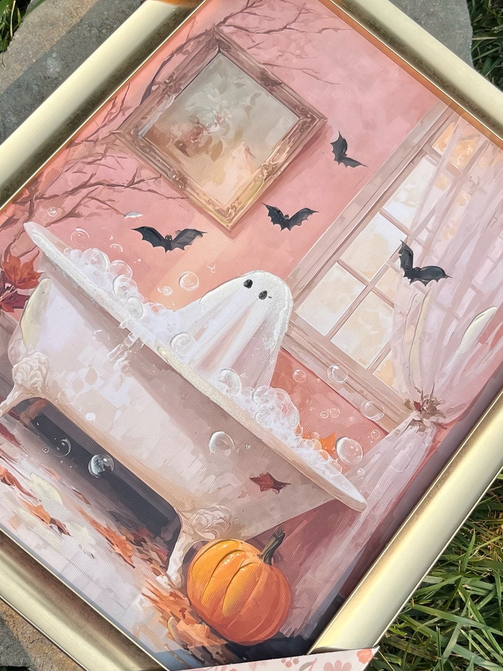 Pink Ghost Bat Pumpkin Bathtub Wall Art Print